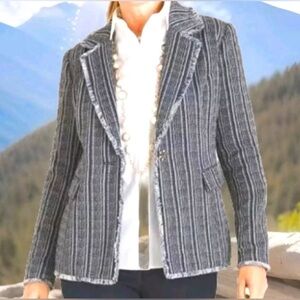 Chico's Woman Navy Blue Metallic Striped Pockets Jacket Blazer 1